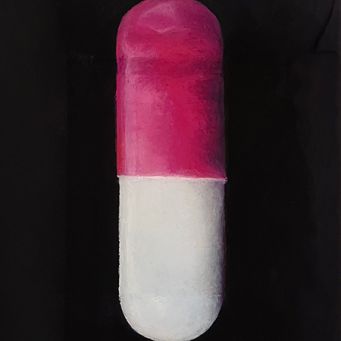 Janine Seelen (aus der Serie „My Daily Dose“, 26 x 30 cm, Ölpastell & Gouache auf Papier/Holzkubus, Harzschicht)